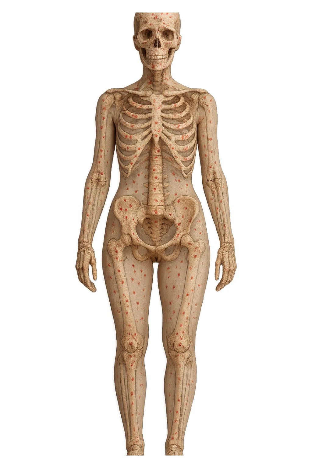 donna realistica a figura intera con red spot sparsi alle ossa, ossa visibili sul corpo, iperrealistico 4k sticker