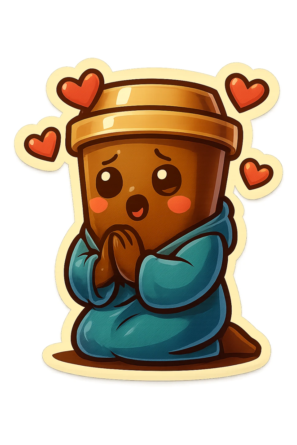 Tall coffee cup, bowing on knees, gushing with love, worship, wearing soft blue monk robes sticker