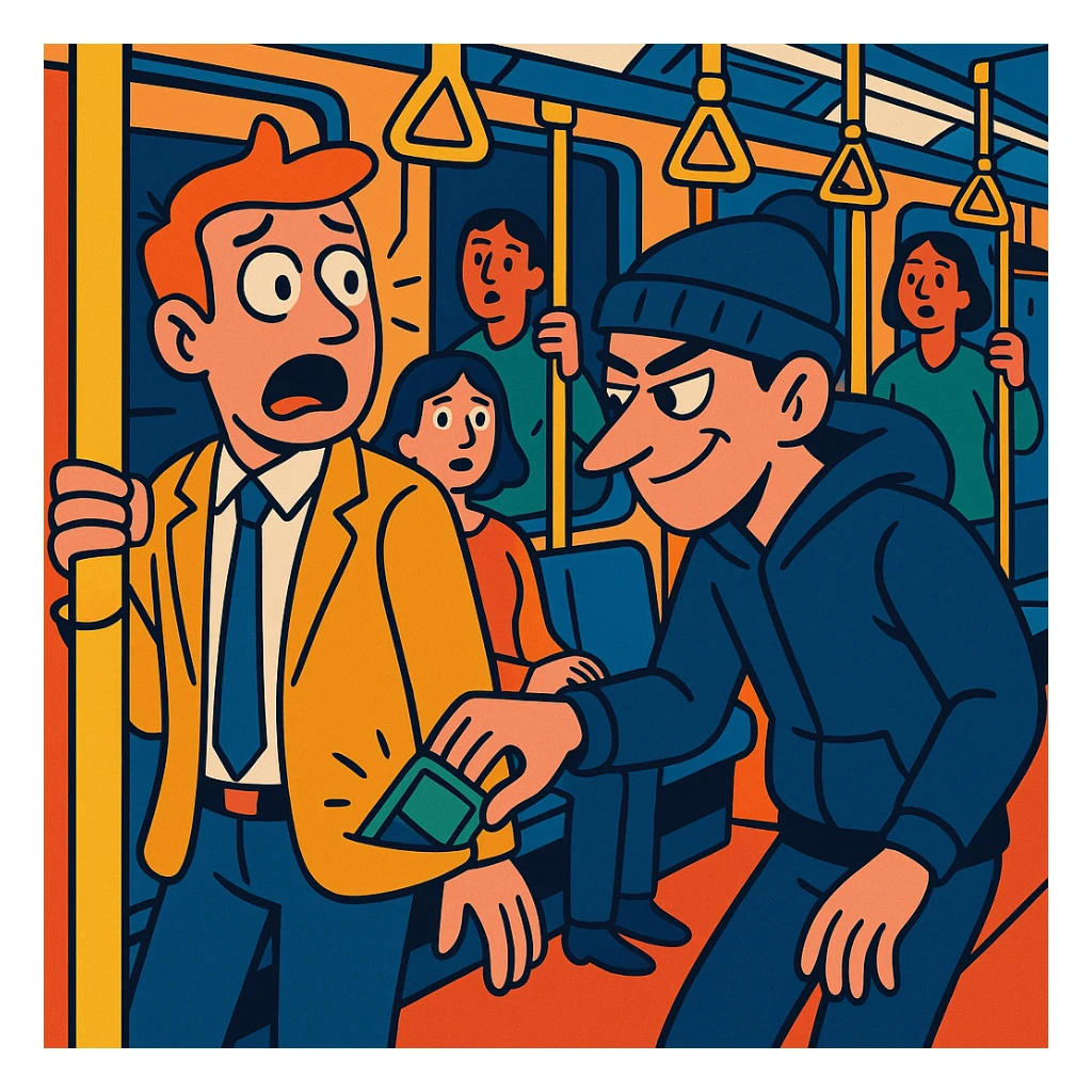 dynamic scene of a pickpocket stealing a wallet from a passenger in a crowded subway, expressive faces, urban setting, vibrant colors sticker