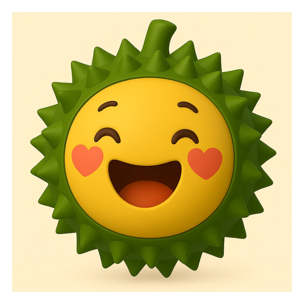 Create a 3D emoji style durian character with the colors, outer contour, and spikes matching the reference image. The expression should be a big open-mouth smile with heart-shaped blush marks on the cheeks, rendered in a 3D emoji look. sticker