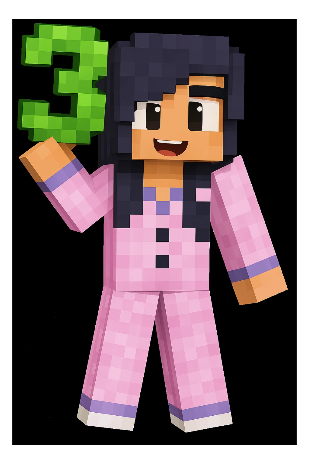 Add the number 3 held in the character's hand, keeping the original Minecraft cartoon style and pose exactly the same, only add the number 3 without changing anything else. sticker