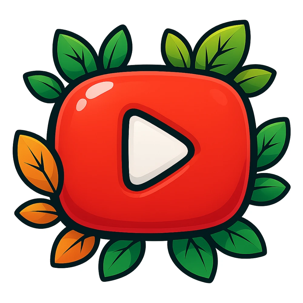 Very rounded, puffy YouTube logo in vibrant toon style with bold outline, strong graphic shadows, bright highlights, decorated with colorful leaves, no background. Extra attention to contours and shine, in the style of the reference image, but even more rounded and flat. sticker