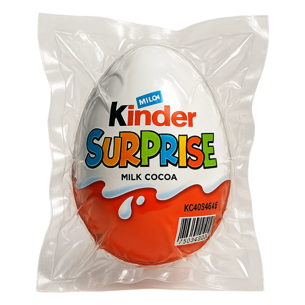 Kinder Surprise egg with standard packaging, glossy and puffy vacuum-sealed style sticker
