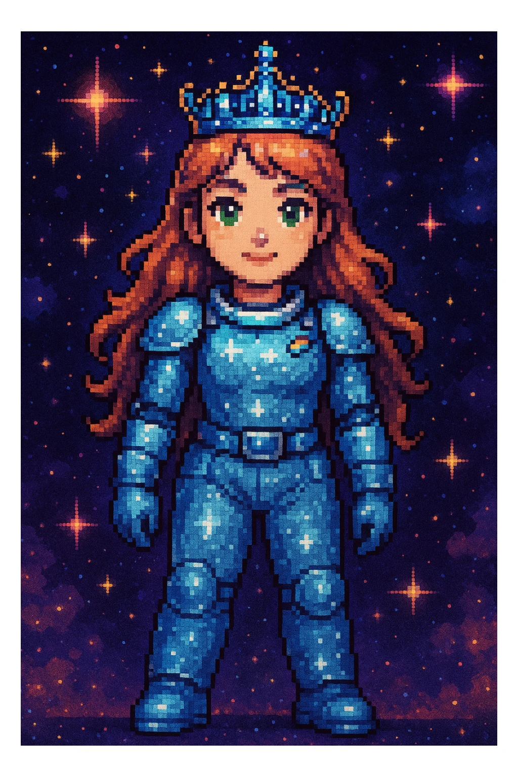 A space princess with a crown, pixel art style sticker