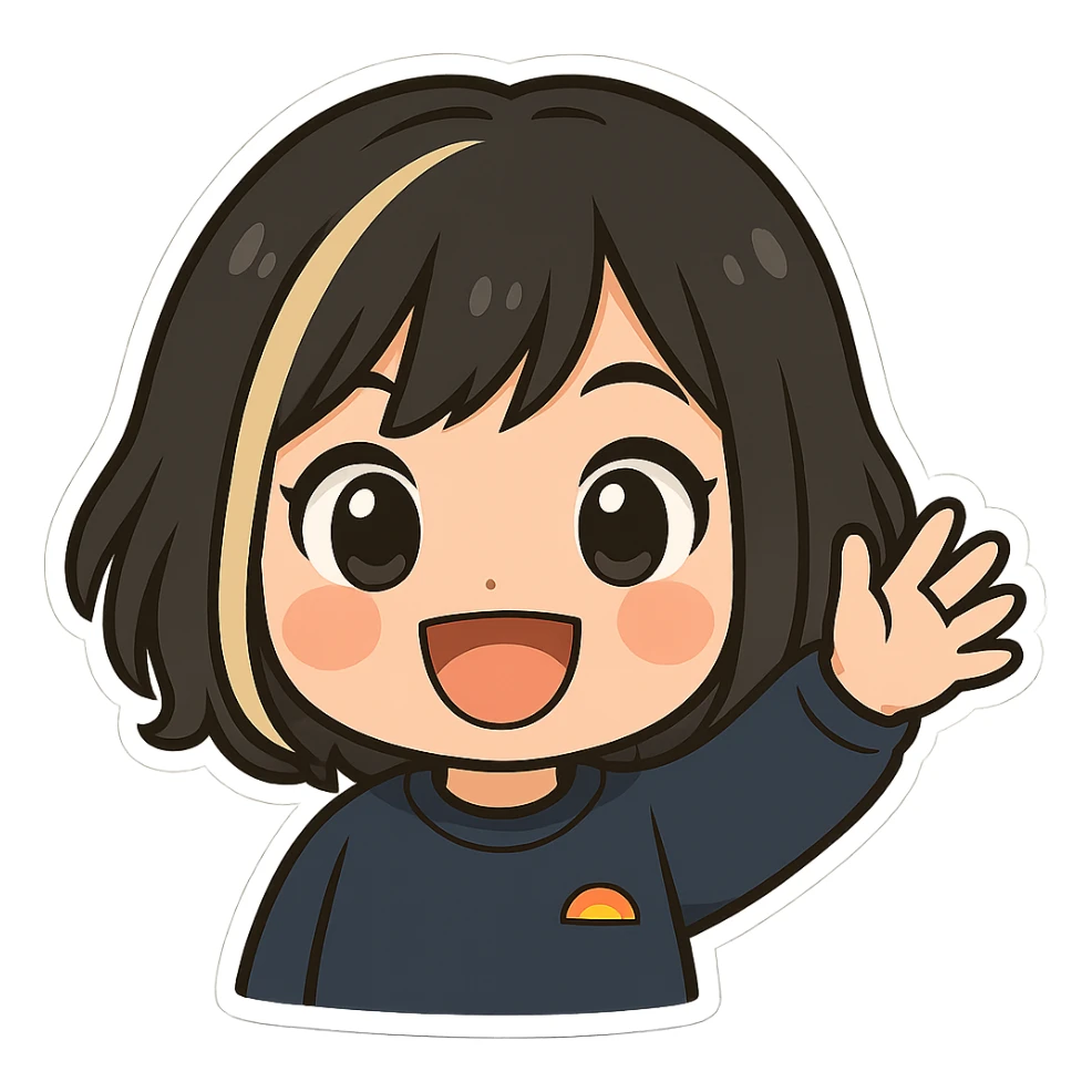 Make this exact chibi girl look happy and waving, keeping the same anime chibi style, face, hair, and outfit. Add a big smile, bright eyes, and her hand raised in a waving gesture. Maintain the chibi stickers style. Transparent background, sized for Twitch emoji use. sticker