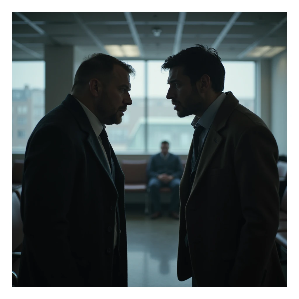 Two people arguing in a waiting room, tense expressions, cold and unwelcoming environment, hyperrealistic details, 4K resolution sticker