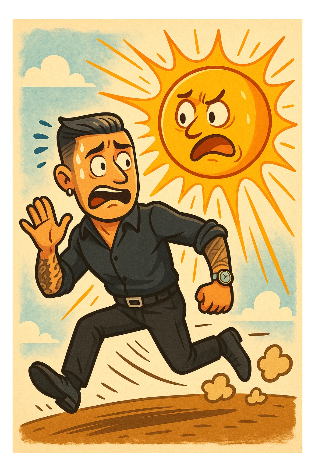 Uomo che corre via dal sole spaventato perchè pensa sia nocivo sticker