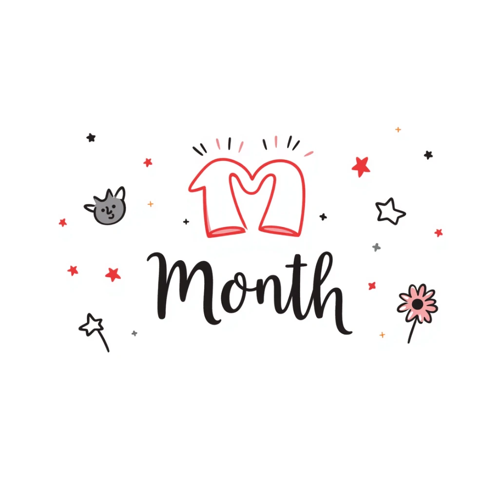 A cute pastel celebration design with sparkles and hearts, featuring "1 Month" in elegant handwriting, surrounded by friendship symbols like stars, pinky promise hands, smiling faces, and flowers. Warm and magical like a scrapbook memory collage for celebrating friendship. sticker