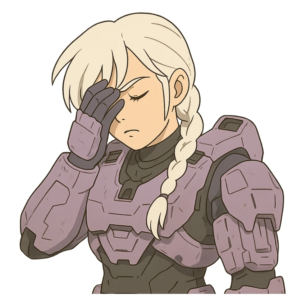 female, wearing reach spartan armor shoulder-unequip, long white braid hair with massive messy front side single bangs, gold yellow eyes, attention pose, HALO:series, no helmet, the armor is lavender color scheme, facepalm, smh, eyes closed sticker