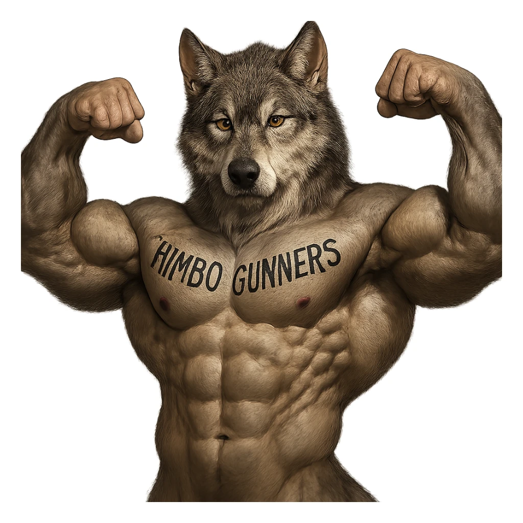 hyper-realistic, extremely muscular wolf furry, shirtless, 'Himbo Gunners' tattoo across chest, flexing, focused and strong sticker