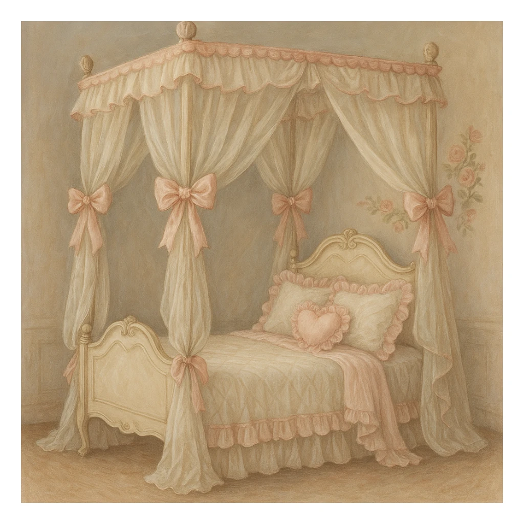 a charming bed with a canopy, ribbons, and delicate coquette details, romantic and whimsical sticker