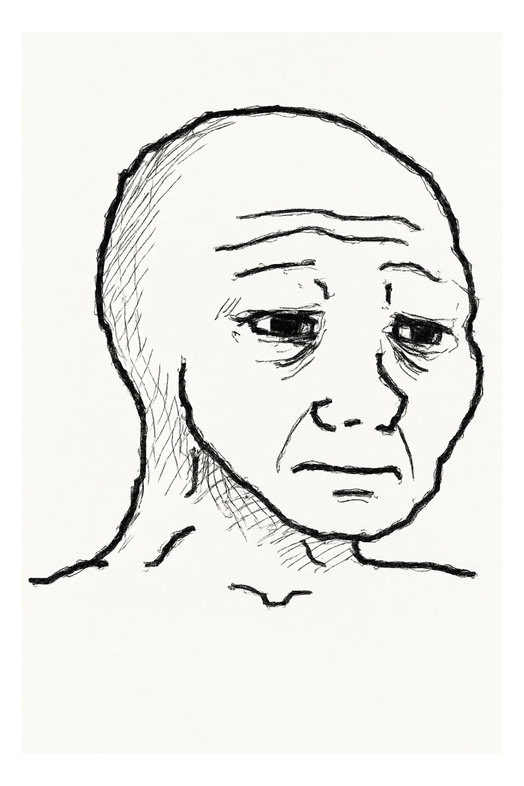 Wojak meme face with a sad expression, black outline, white fill sticker