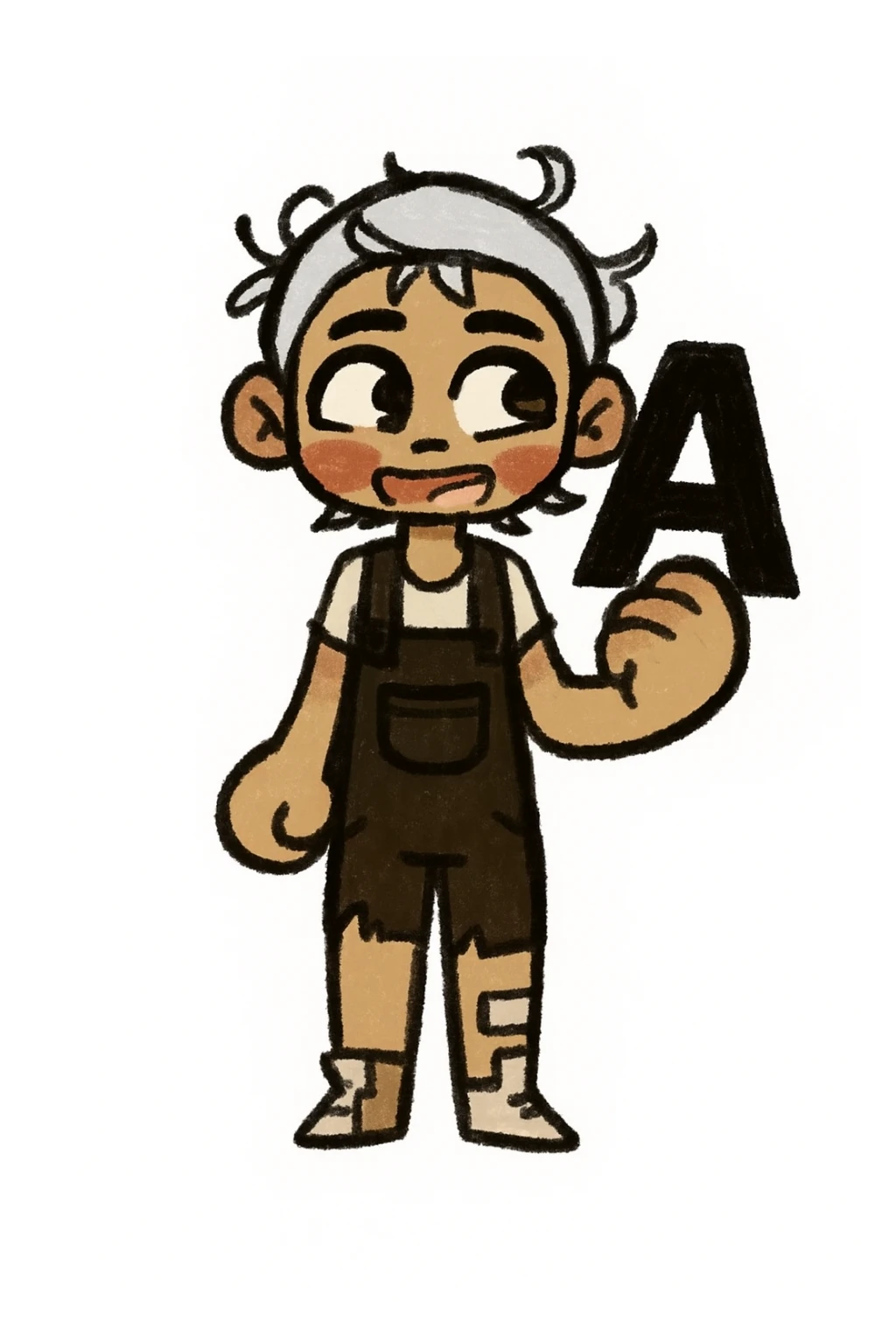 Add a bold black letter A in the character's right hand, keeping the original style and pose intact. Only add the letter, do not change anything else. sticker