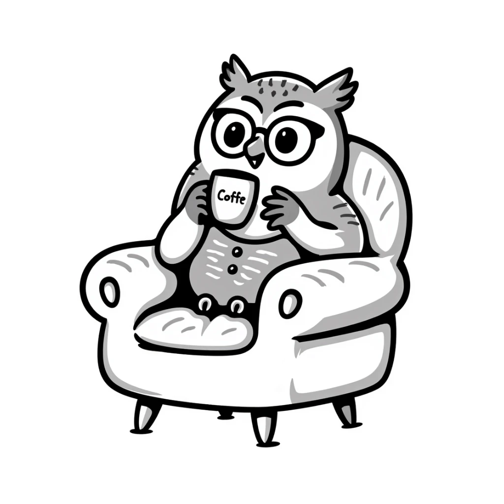 wise owl drinking coffee sitting in an armchair, hand drawn doodle style sticker