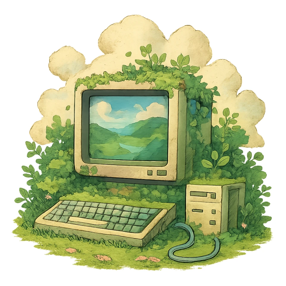 digitalization blending nature and technology in ghibli style sticker