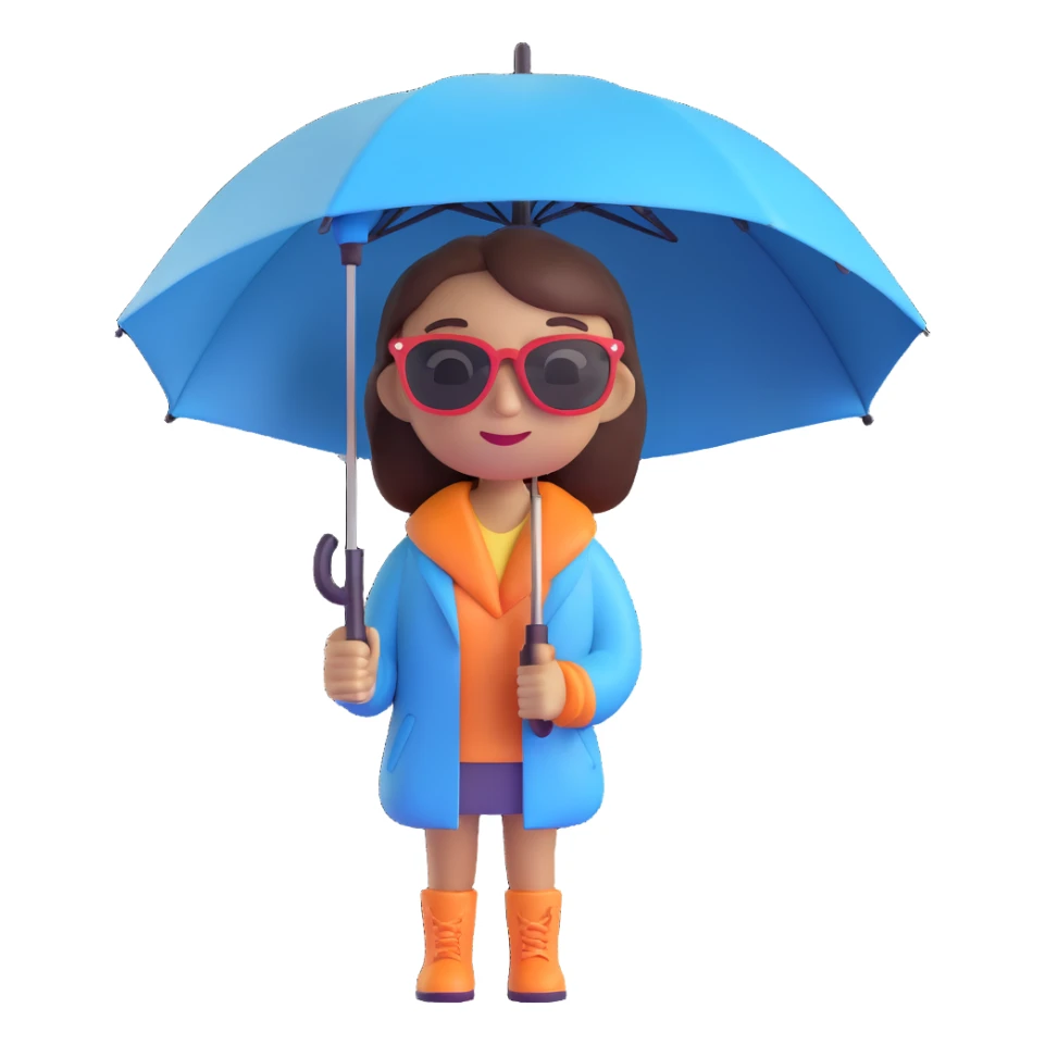 Remove the background, keep only the girl memoji with dark sunglasses holding an umbrella, 3D cartoon style, transparent background. sticker