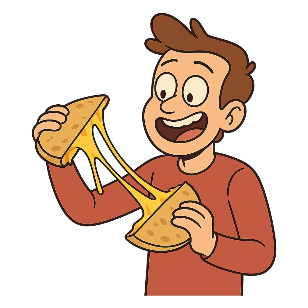 quesadilla, cartoon style, cheese stretching, fun expression sticker