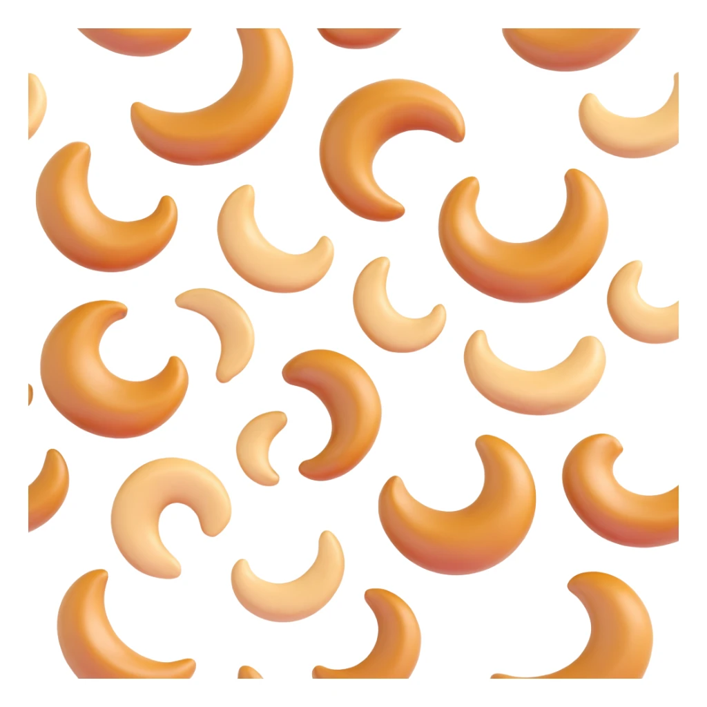 Clean 3D emoji-style illustration of several cashew nuts, curved crescent-shaped, smooth slightly wrinkled beige surface, glossy roasted look, pure white background sticker
