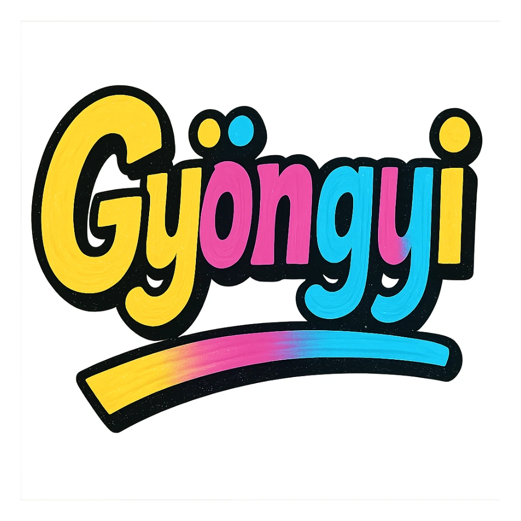 Gyöngyi name in modern colorful gradient font with dark outline, dynamic slanted or partial underline, in the style of reference patterns sticker