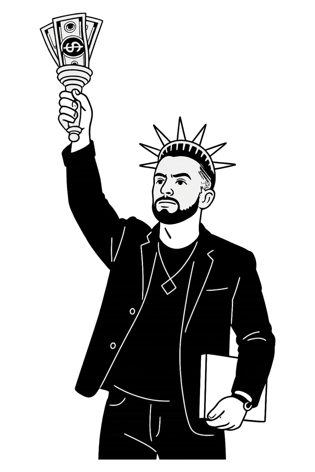 Используя такую стилистику как на картинках сгенерируй героя с фотографии, который в том же костюме стоит в позе Статуи Свободы держит в руках факел, где вместо пламя купюры, прозрачный фон sticker