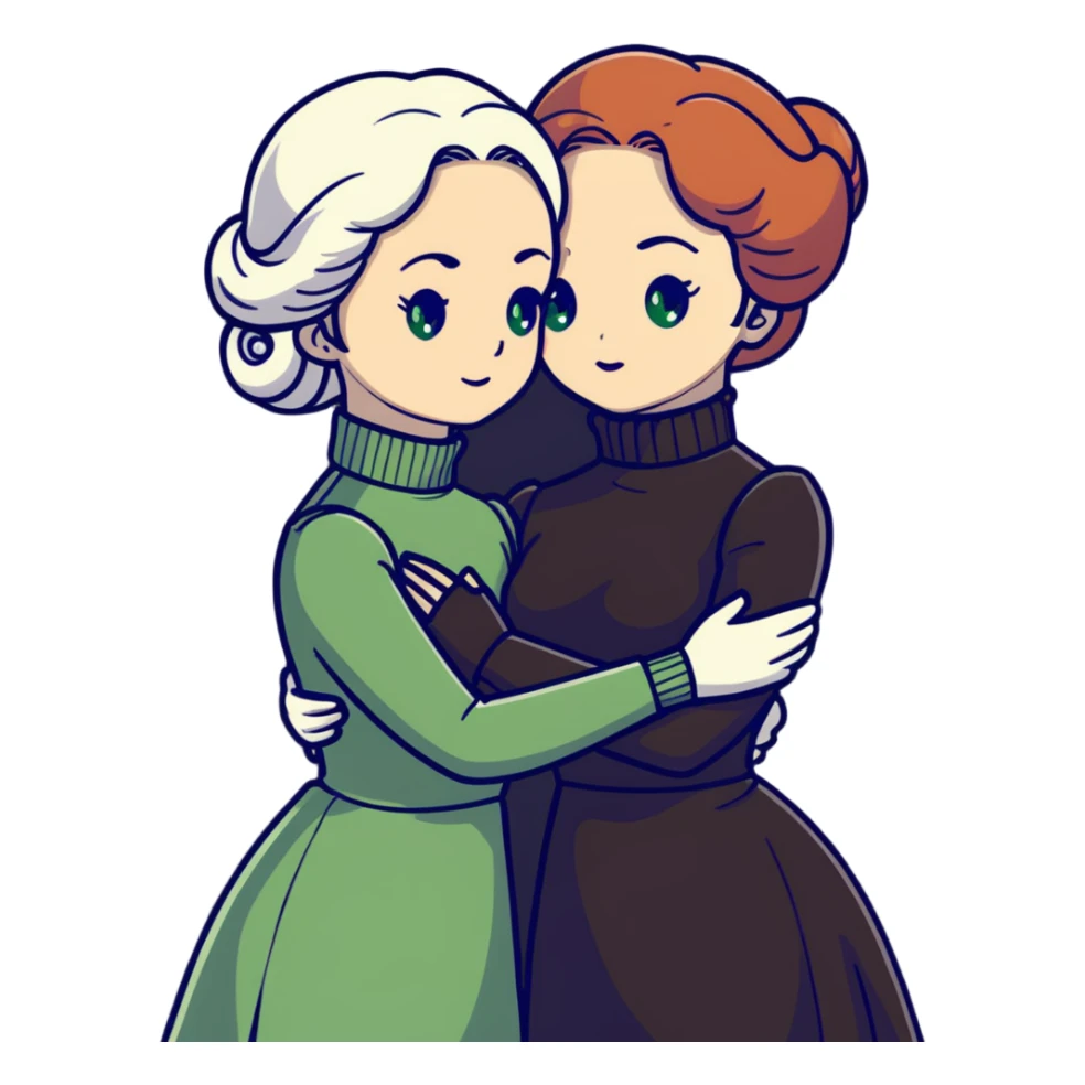 Two Victorian women with light green eyes embracing sadly. One has bright white coiffed hair, the other has dark copper coiffed hair. Both wearing Victorian turtleneck dresses, hugging tightly sticker