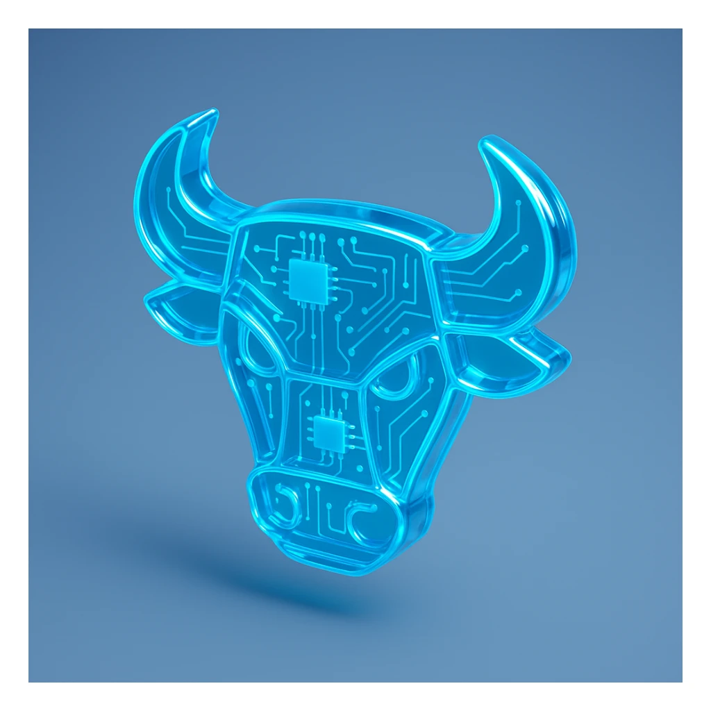 futuristic bull head logo, neon blue, digital circuit pattern, glossy circuit style sticker