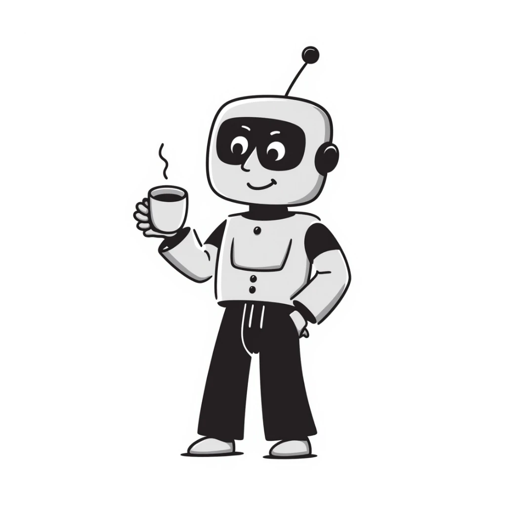 A hand-drawn robot character happily holding a coffee mug sticker