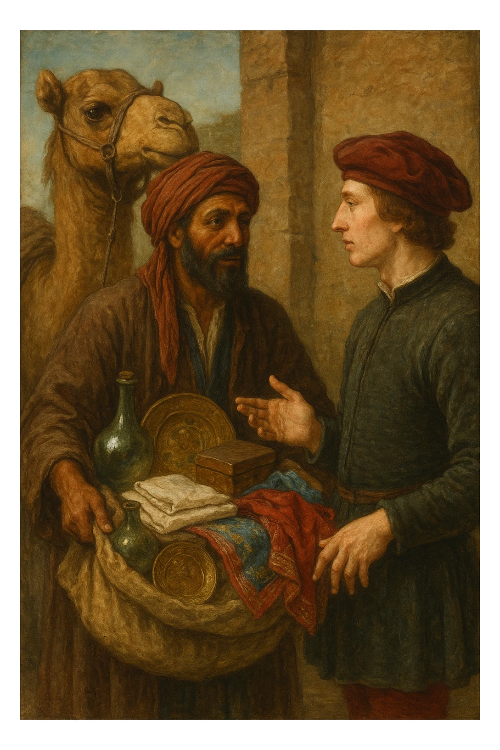 Сгенерируй в стиле реалистичной живописи как в средневековья человек с верблюдом предлагает европейцу товары sticker