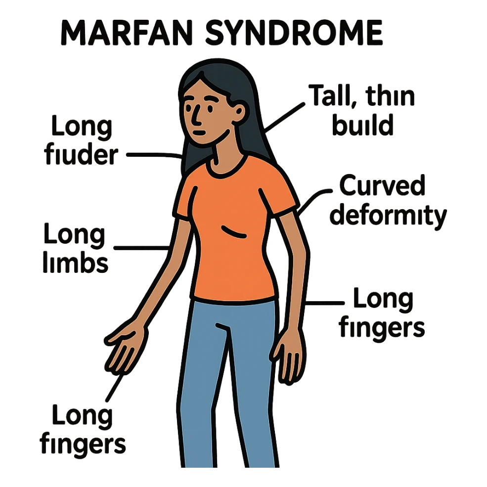 Create an educational graphic highlighting Marfan syndrome in a Middle Eastern woman. Show a tall, thin female figure with long limbs and fingers, curved spine, chest deformity, and subtle facial features. Include clear labels for each characteristic. The style should be clear, informative, and suitable for a general public audience. sticker