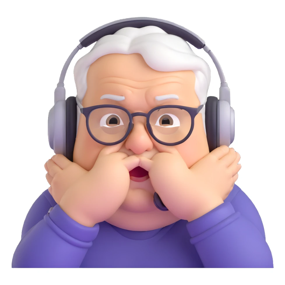 Very chubby brown old man with medium white hair, wearing glasses and headphones, looking surprised and angry, no facial hair, round full cheeks, double chin, looking to the upper left corner sticker