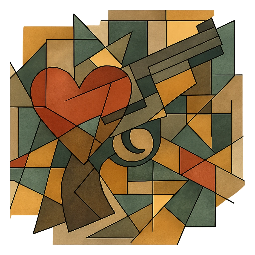 heart gun, cubist abstraction style, geometric shapes, abstract sticker