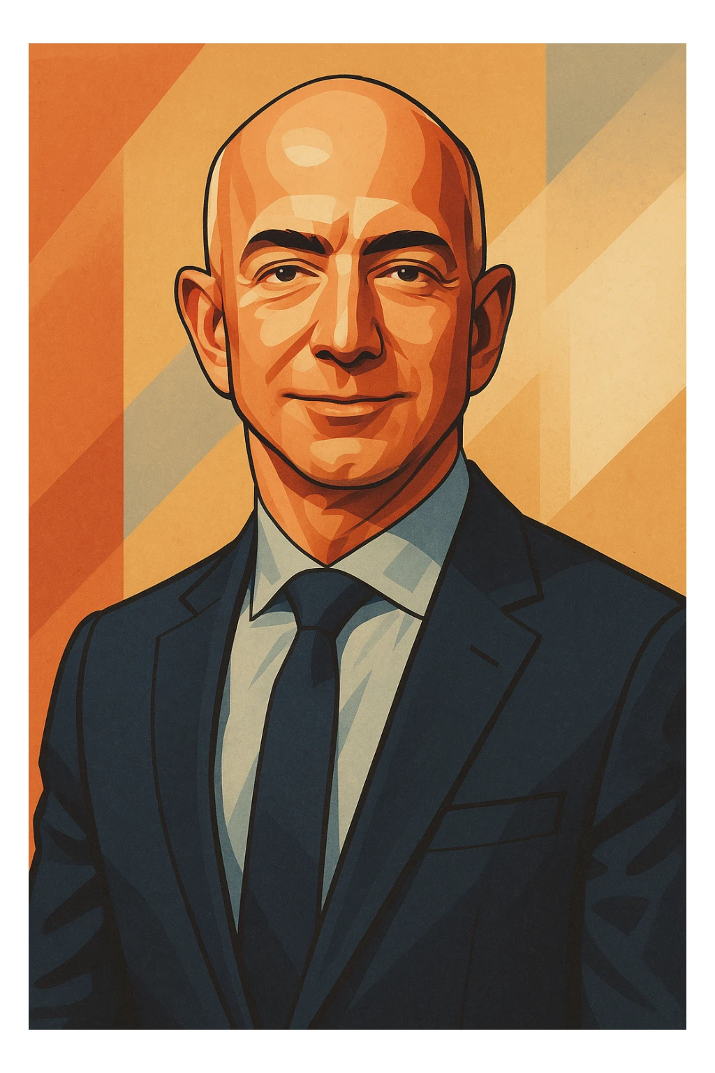 stylized portrait of Jeff Bezos, business attire, bald, confident expression, modern illustration style sticker