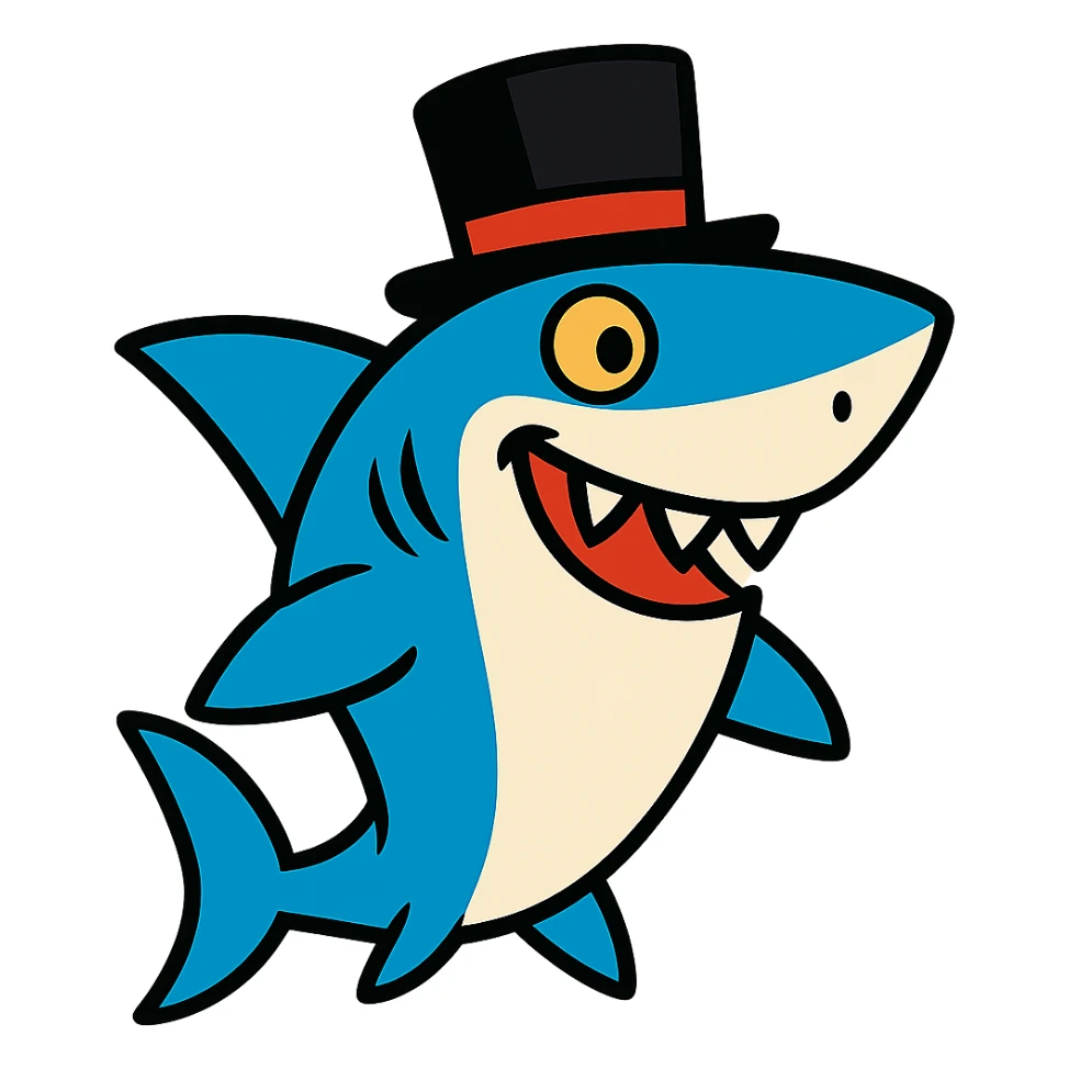 cartoon shark with a top hat, bold outlines, vibrant colors sticker