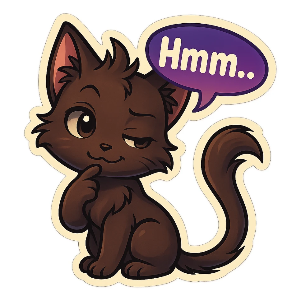 a dark-brown fluffy cute kawaii anime cat with tufted ears and a long thin tufted tail, thinking, smirking thoughtfully, saying “Hmm..” with a purple speech bubble, (cartoon style) (cute anime style) (furry style) (deviantArt style) (artist style: Kamirah) sticker