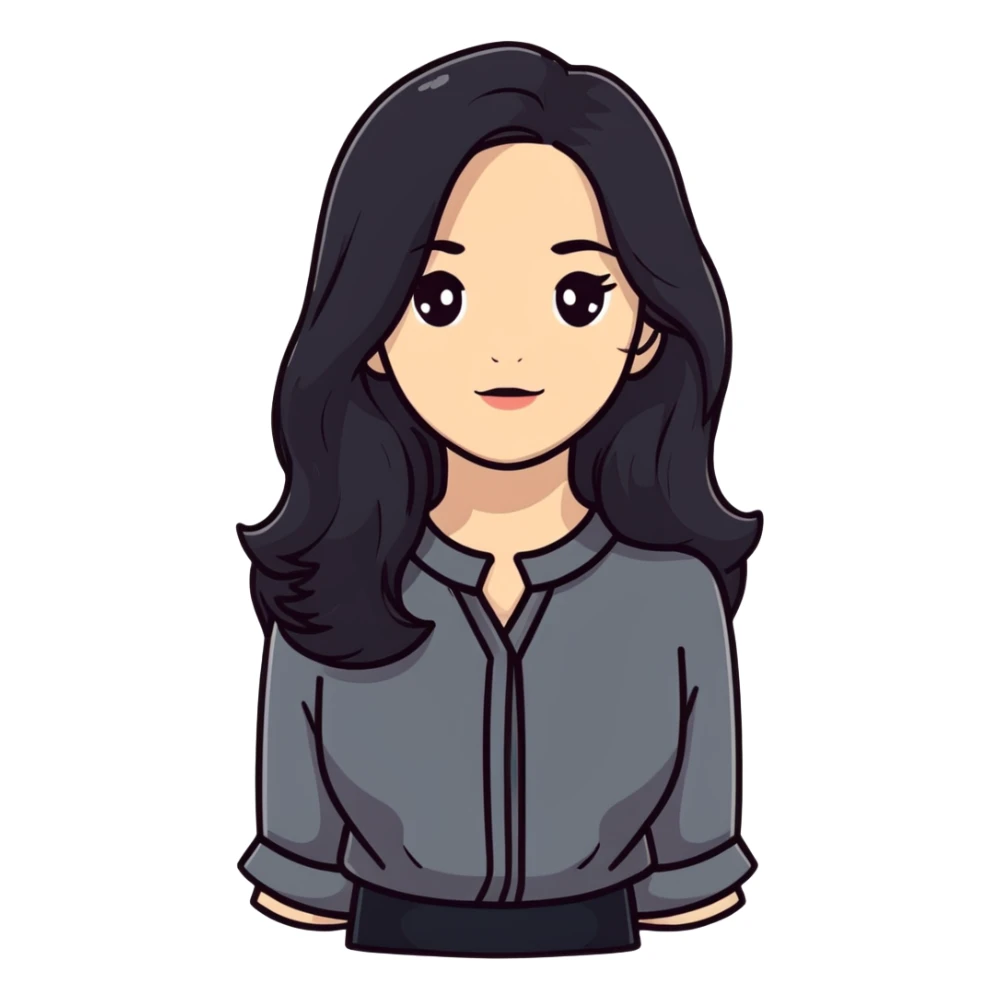 white woman with rounded brown eyes, long black hair, black blouse sticker