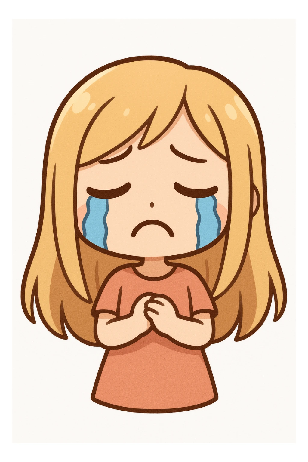 cartoon girl with long blonde hair, sad expression, crying with blue cartoon tears, frowning, plain white background sticker