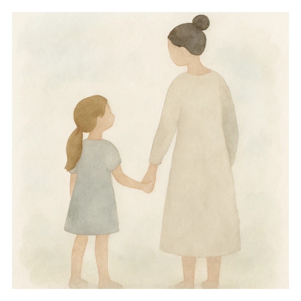 daughter holding hands with mother, soft watercolor style, pastel background sticker