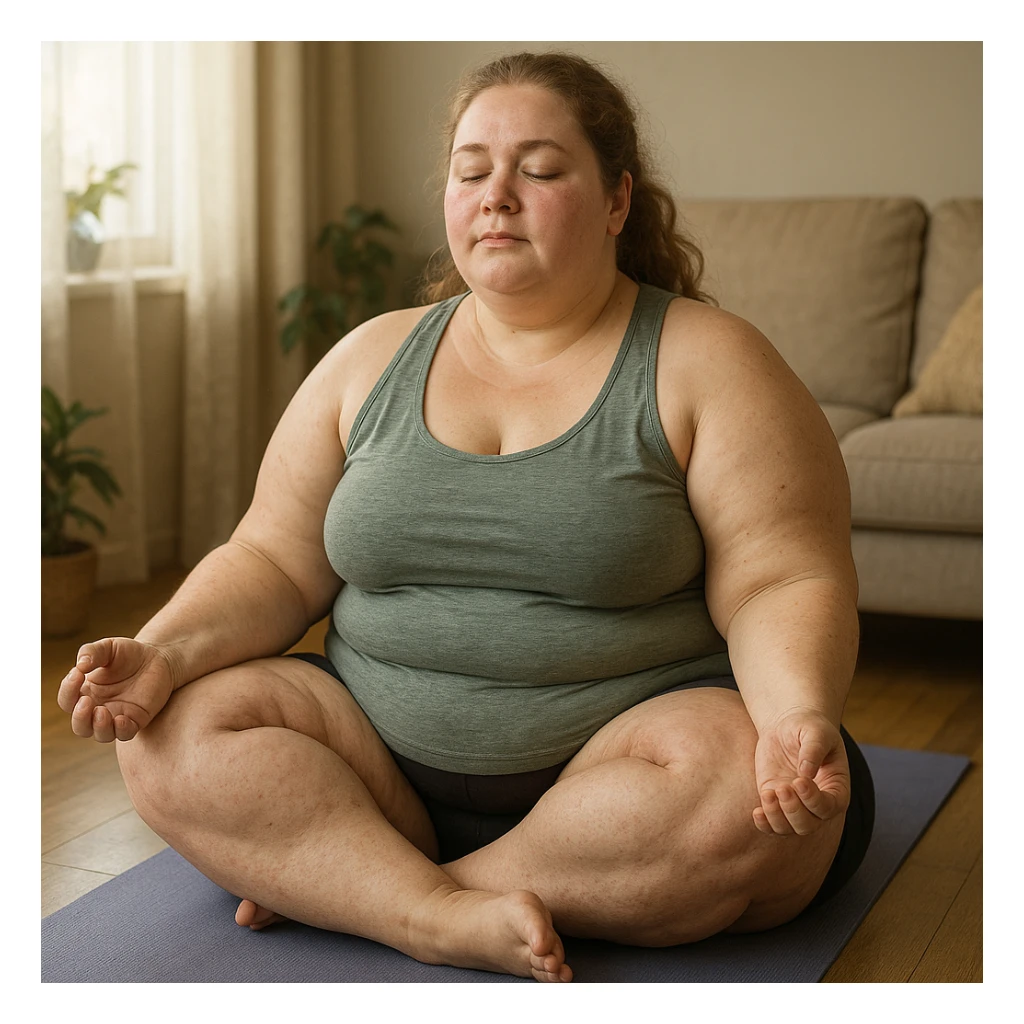 overweight woman doing yoga, stubborn fat on legs and thighs, hyper realistic 4K style, relaxing atmosphere, realistic details sticker