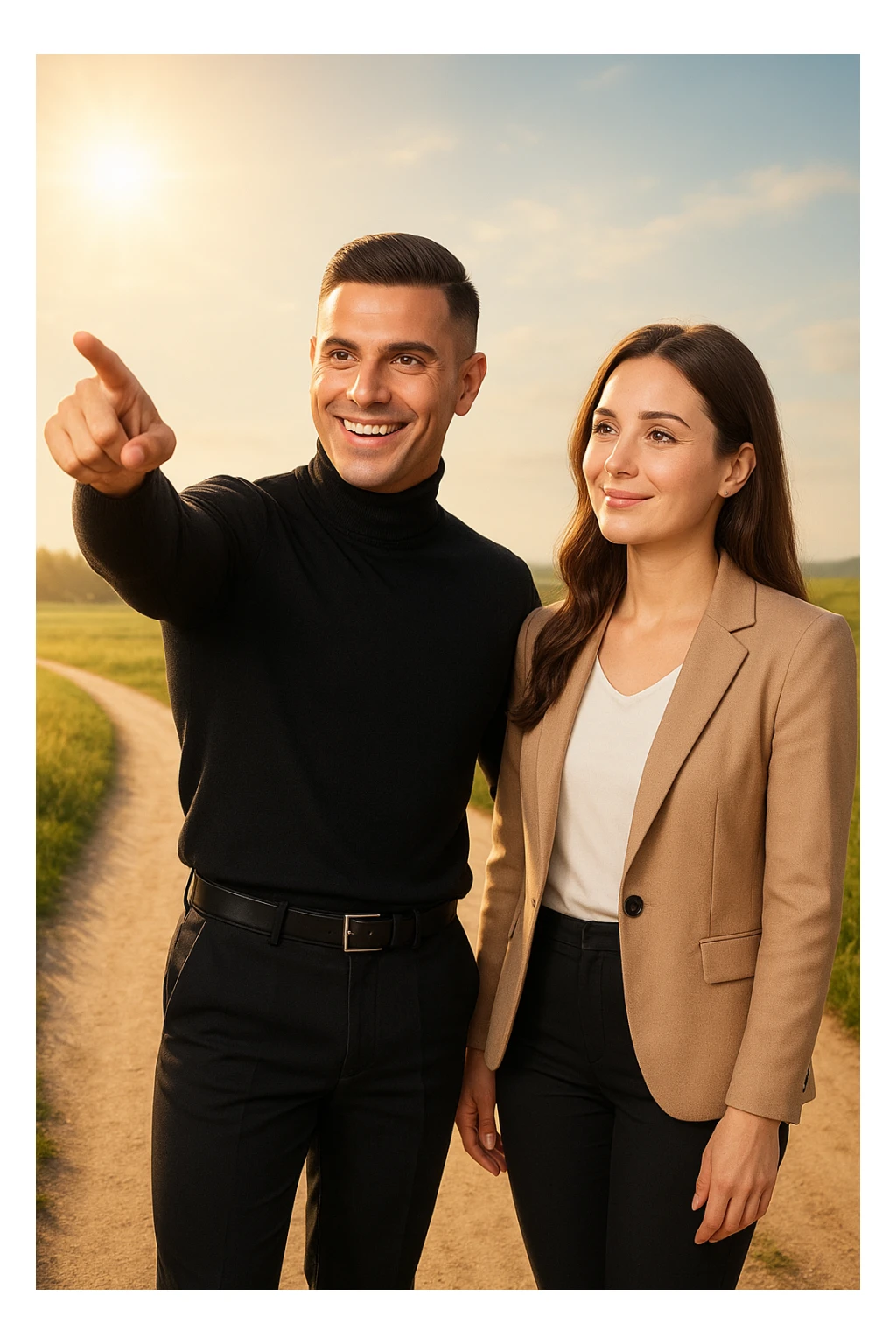 a man stands confidently at a crossroads, pointing toward a clear path ahead. Beside him, a woman looks at him con fiducia e serenità, pronta a seguirlo. Entrambi sono ben vestiti e sorridenti, immersi in un paesaggio luminoso che simboleggia nuove opportunità e un viaggio condiviso. sticker