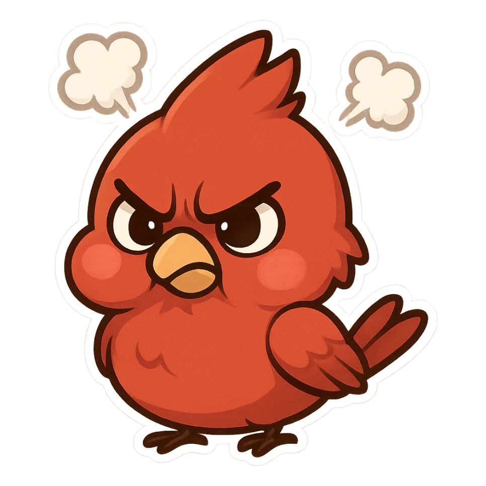 Chibi red male cardinal frowning with puffed cheeks and furrowed brows, steam puffs above head, angry but cute emoji. sticker