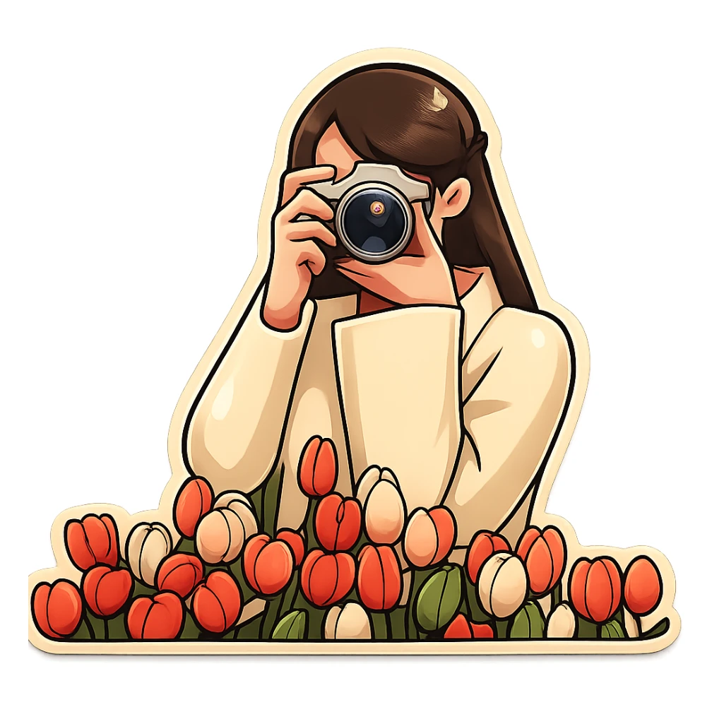 A girl with a camera in retro sticker style, with clear bold outlines, expressive shadows and highlights. The illustration should be vibrant and playful, with a focus on the camera and the girl's pose. Match the style of the reference image. sticker