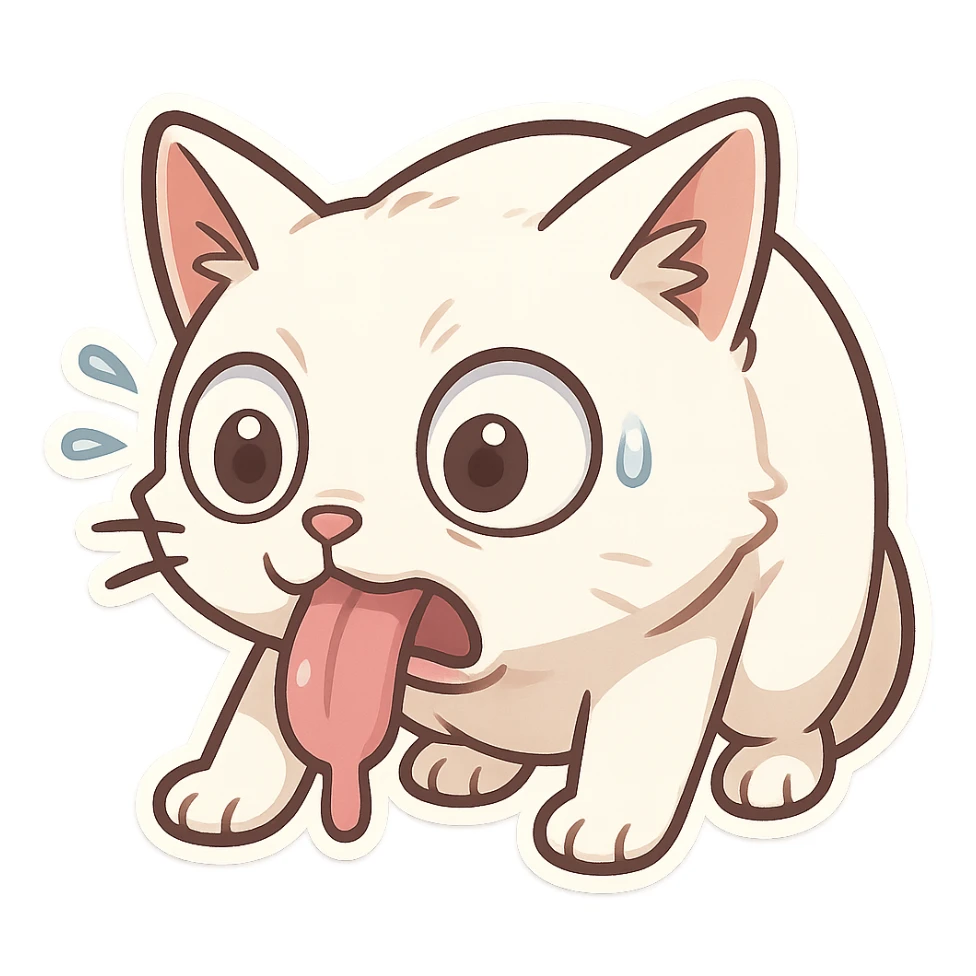 A white cat in a vomiting state with its tongue hanging out and its eyes bulging sticker