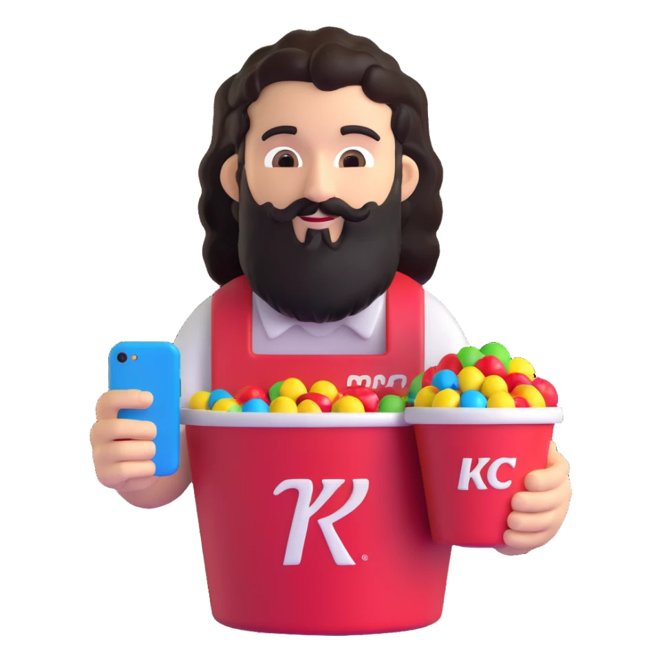 KFC bucket with a green M&M character sitting inside it, the M&M has a black beard, curly hair, and is holding an iPhone sticker