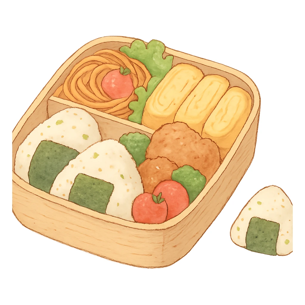 Japanese style bento box, soft pastel kawaii hand-drawn, full object, transparent background, with a tiny onigiri sticker