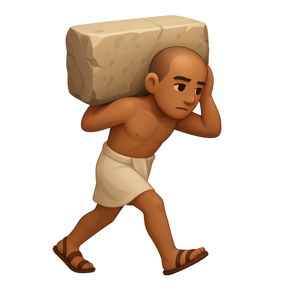 Create a fullbody ancient Egyptian worker, no fancy hat, carrying a rock block on their back, walking. The style should resemble emoji style with simple and concise features. sticker