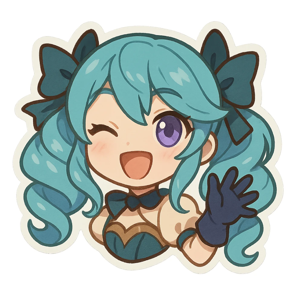 chibi style Gwen from League of Legends, only head, right eye purple, one hand waving with glove, big smile, energetic pose sticker