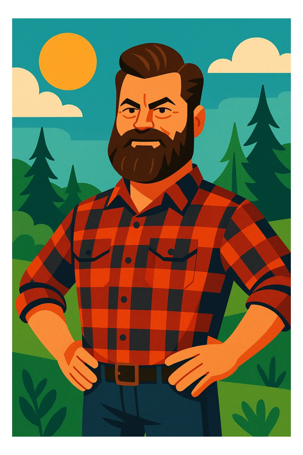 Nick Offerman looking awesome, confident pose, full beard, plaid shirt, outdoors sticker