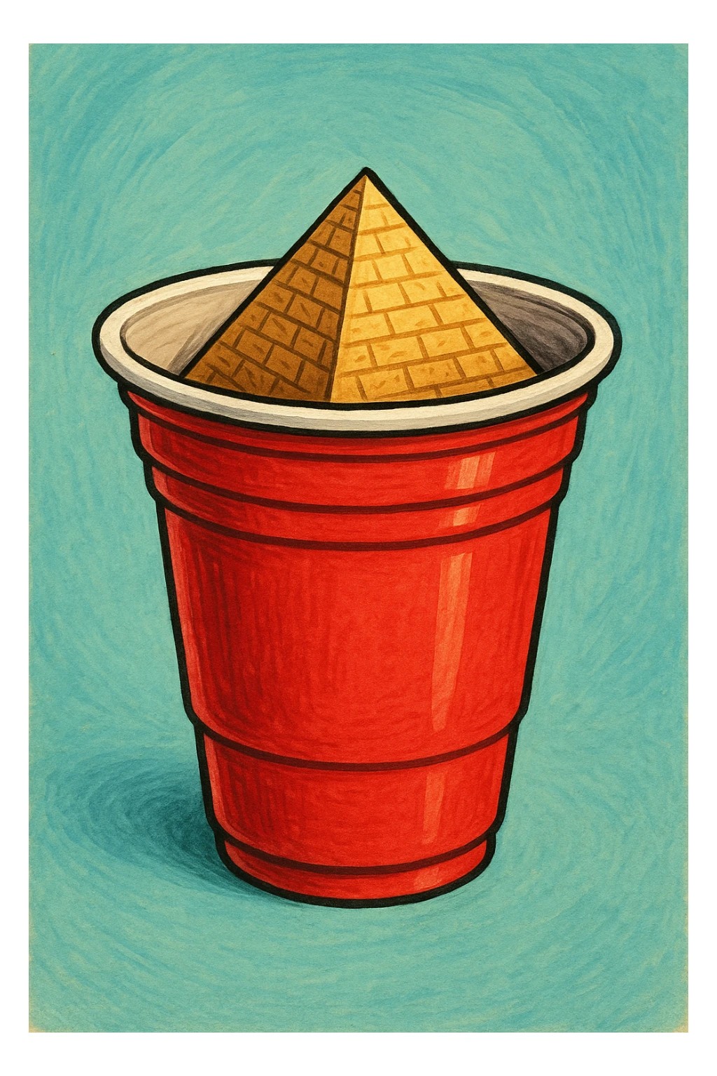 a red plastic party cup with a small Egyptian pyramid inside, whimsical sticker