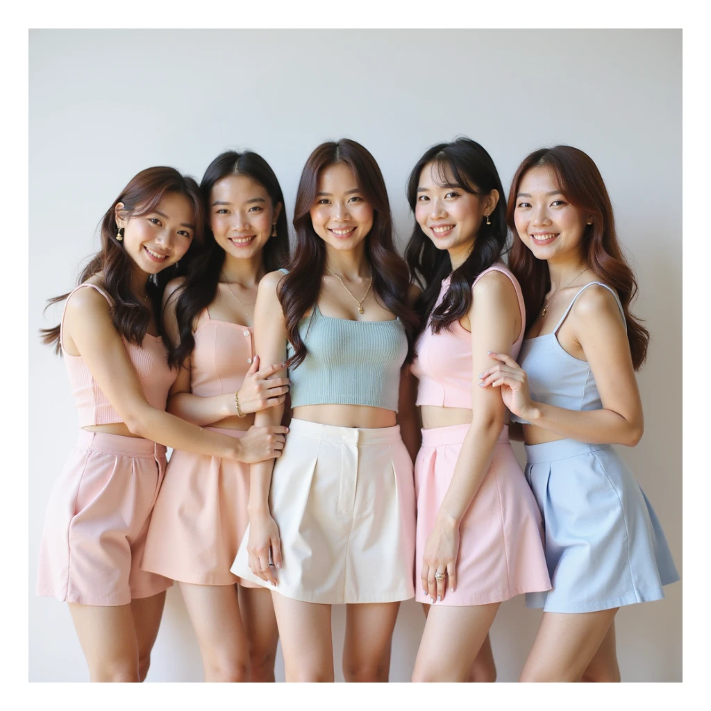 Blackpink, K-pop group, group pose, photorealistic, pastel outfits, soft lighting, cheerful mood sticker
