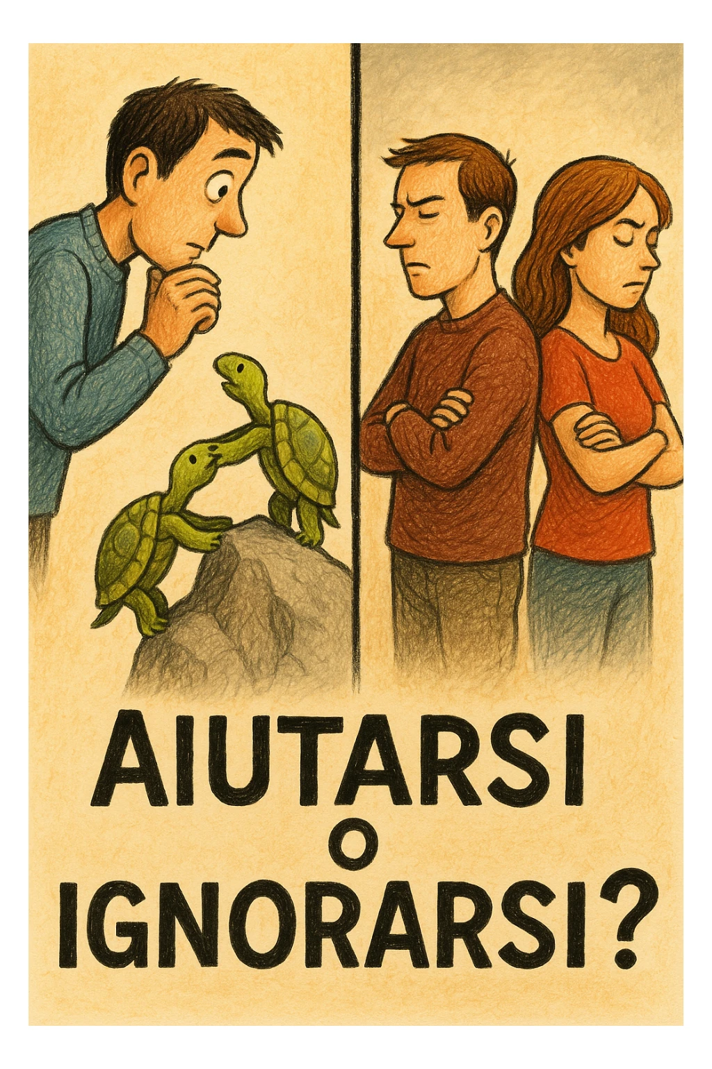 Vertical format: A man observing two turtles helping each other climb a rock, next to a human couple ignoring each other's difficulties, with Italian text: 'Aiutarsi o ignorarsi?'. sticker